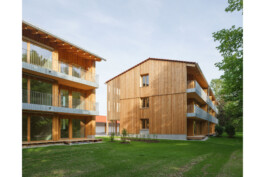 Ansicht der HOlzbauten von Westen mit Balkonen und terrassen