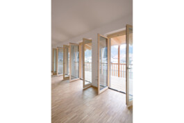 Ausblcih aus dem Dachgeschoss durch die raumhohen Festertüren auf den vorgelagerten Balkon